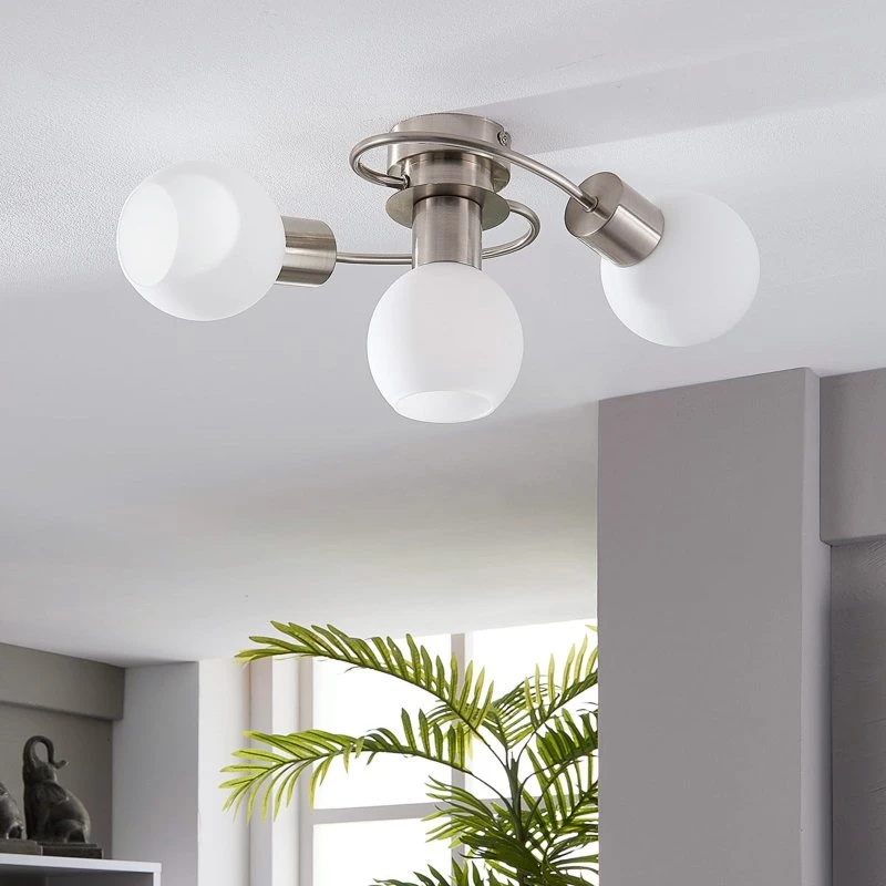 Lámpara de Techo Lindby Ciala - 3 Luces, Níquel y Cristal Blanco