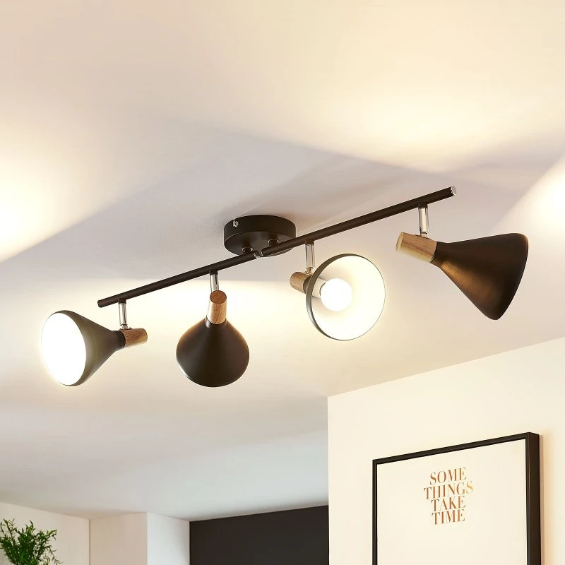 Lindby Plafón Arina 68 cm Negro con Detalles de Madera, 4 Luces E14