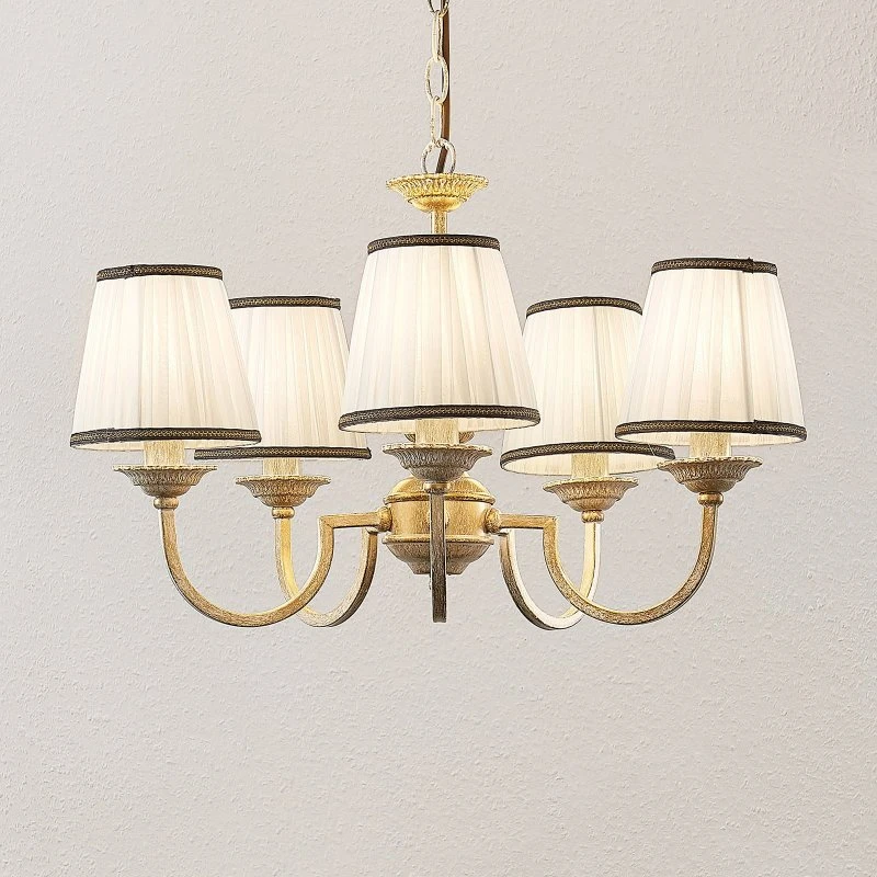 Lámpara de araña Lindby Lumiel, 5 luces, crema y latón