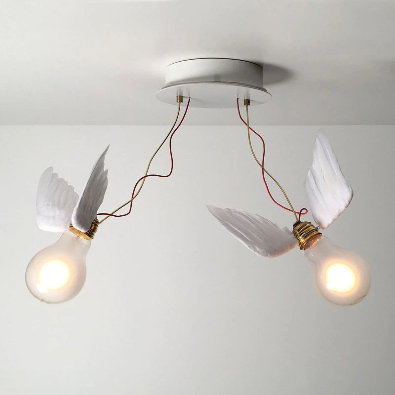 Ingo Maurer Lucellino Doppio Plafón LED con Plumas de Ganso