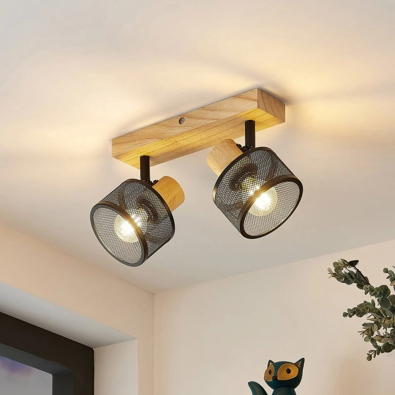 Lindby Evinora Foco de Techo de Madera y Acero de 2 Luces
