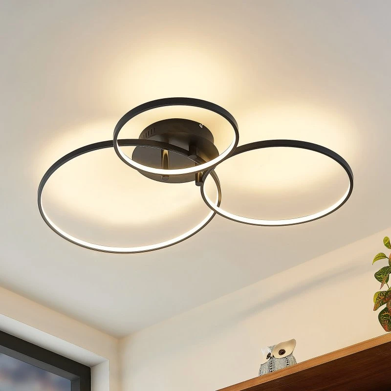 Lindby Lámpara de Techo LED Rayk Negro Mate - Diseño Circular