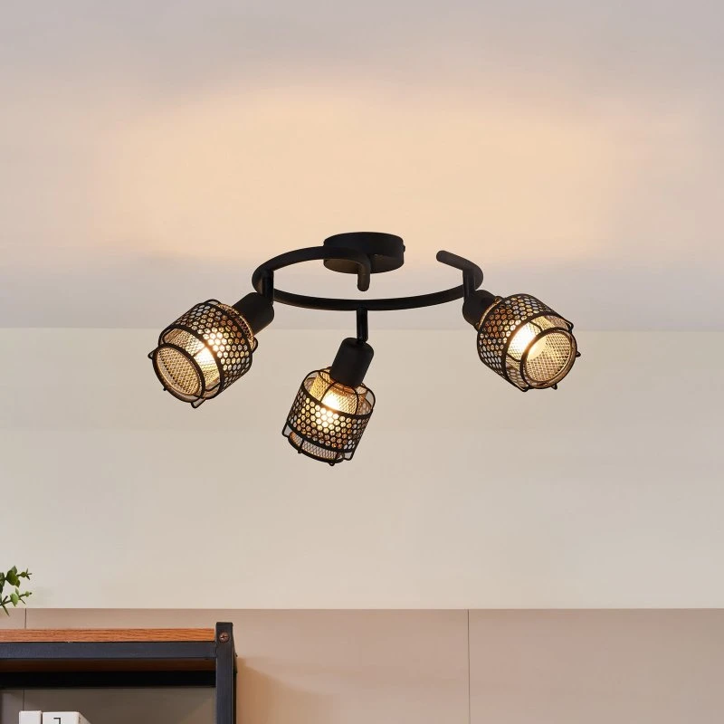 Lindby Eudoria Plafón de Techo 3 Luces Negro y Oro