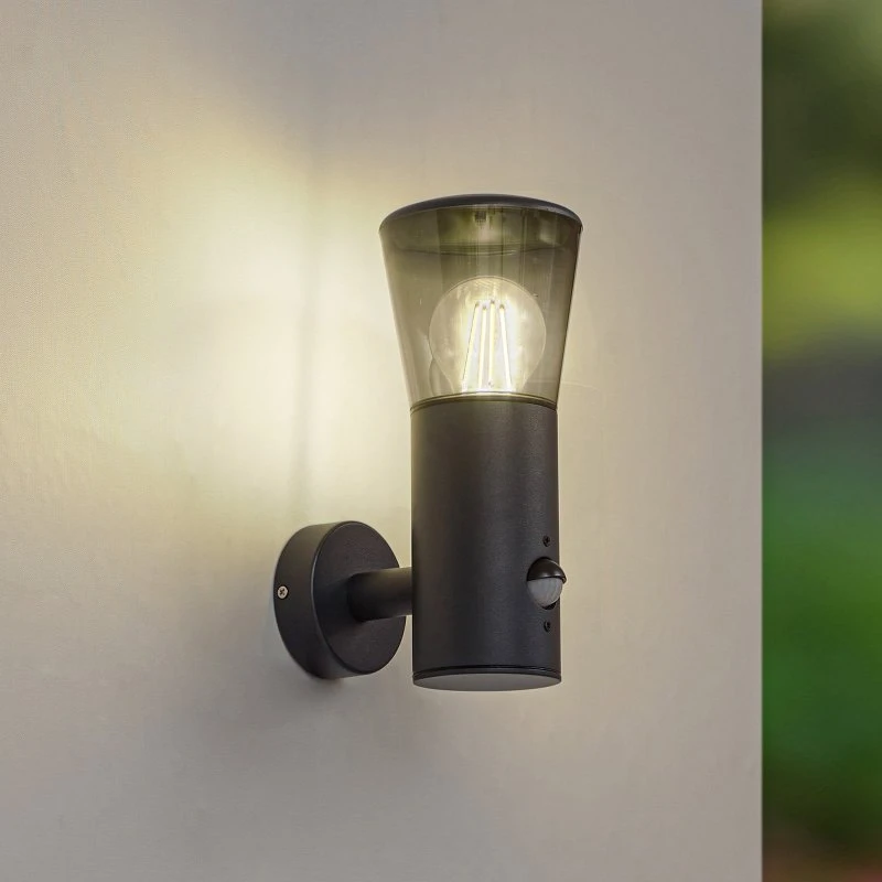 Lindby Aplique de exterior Heulo, Ø 10,5 cm, Gris Humo, con Sensor