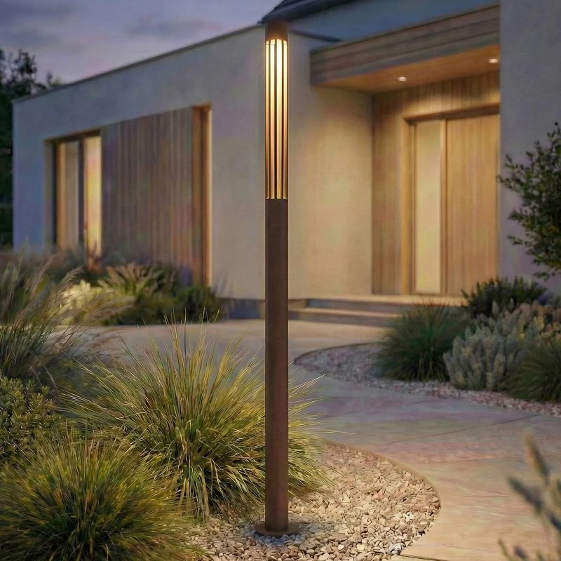 Bolardo luminoso LED Lindby Fjorya, marrón, 90 cm, IP65