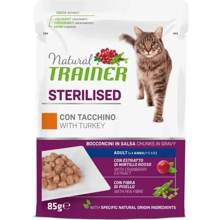 Natural Trainer Comida Húmeda con Pavo para Gatos Adultos Esterilizados, 85 g