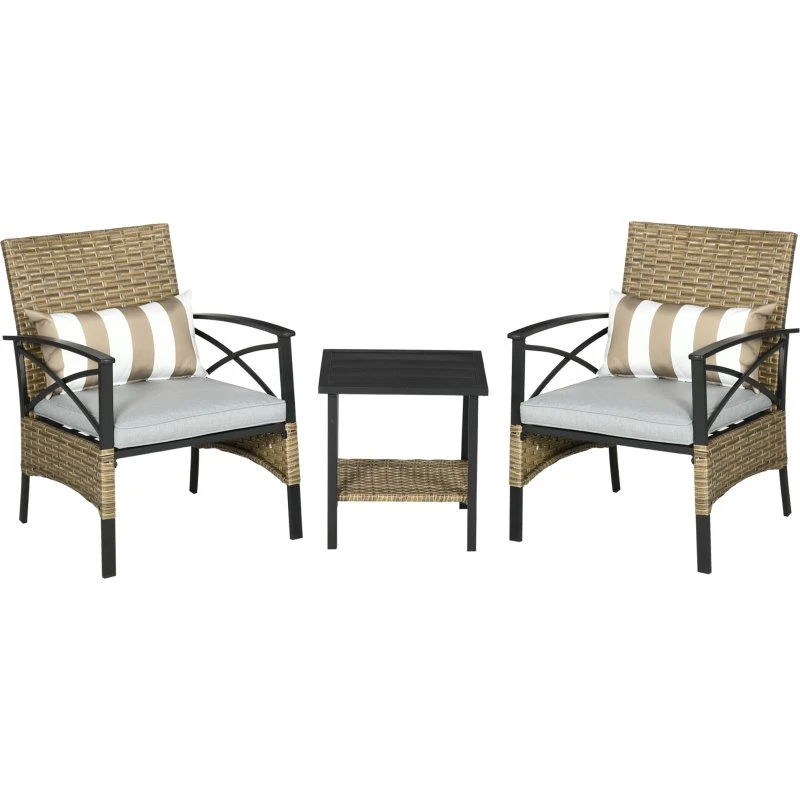 Outsunny Conjunto 3 Piezas Rattán Marrón con Cojines