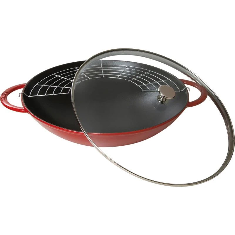 Staub Wok de Hierro Fundido con Tapa de Cristal 37 cm, Cereza